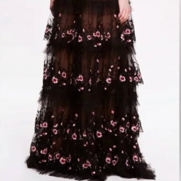 Marchesa Notte Tiered Tulle Terrarium V Neck Gown Black Pink Floral 10 NWT - Picture 6 of 10
